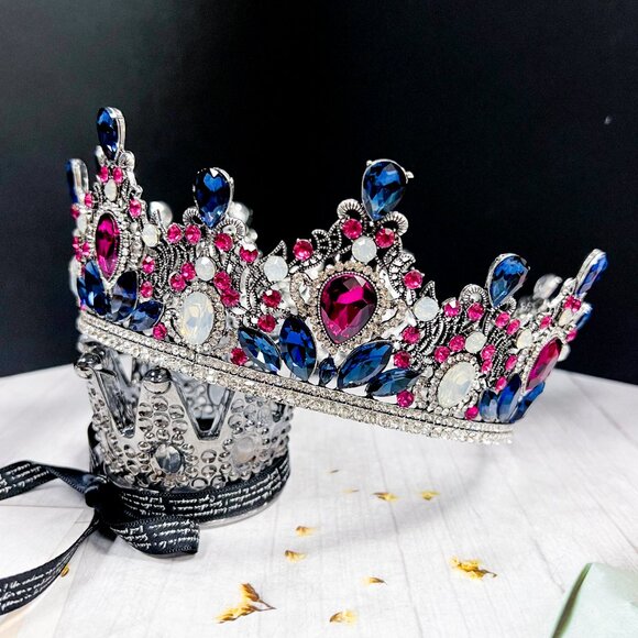 Purple Crown, Royal Queen Crown, Princess Birthday Crown, Blue Crystal Crown - Picture 4 of 9